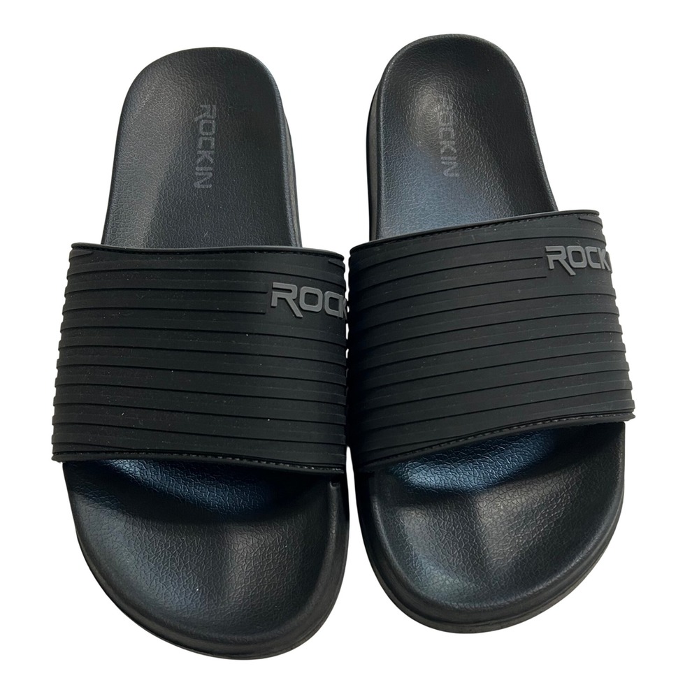 Rockin Mens Black Rubber Slide Sandals Ribbed Strap LQ-1223-11 Size 44 EUR 11 US